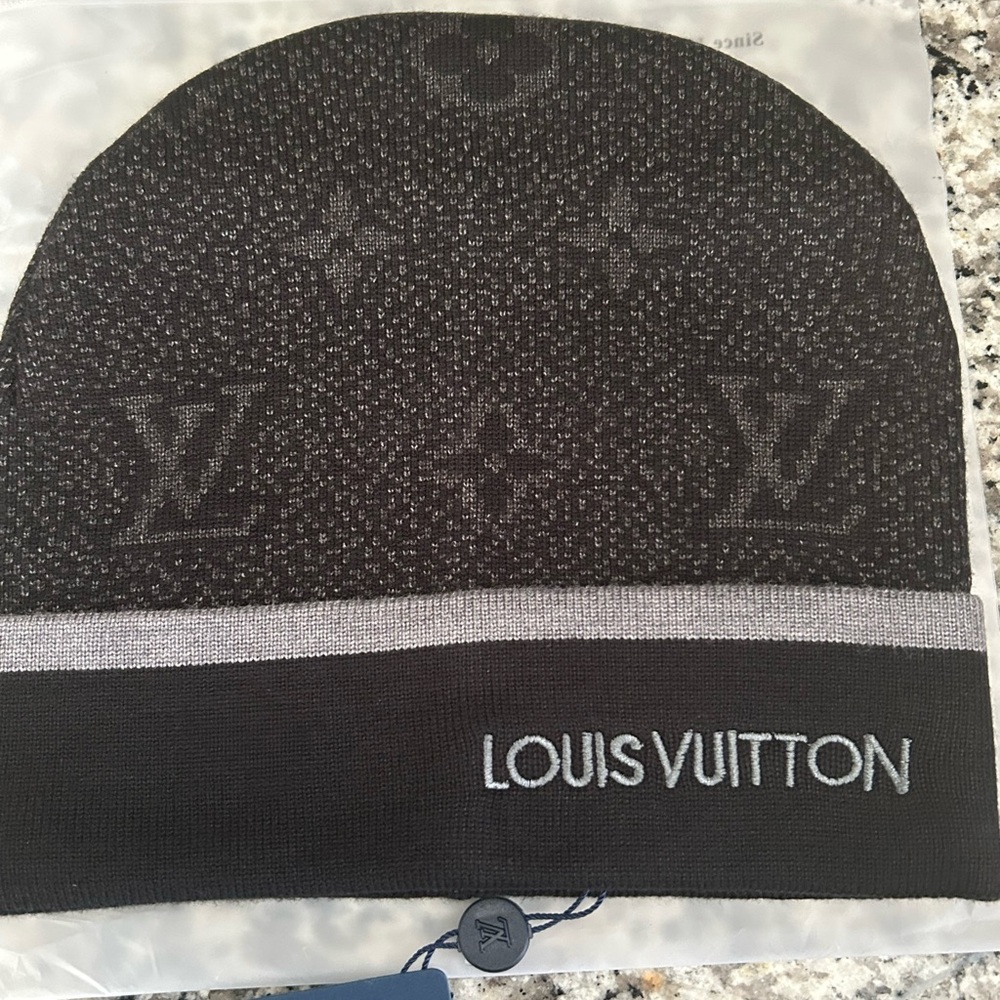 Louis Vuitton Black Knit Beanie with Gold Logo Stitching